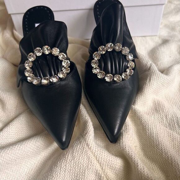 Manolo Blahnik Capitana Leather Buckle Mules Black 36 NEW - Picture 6 of 14